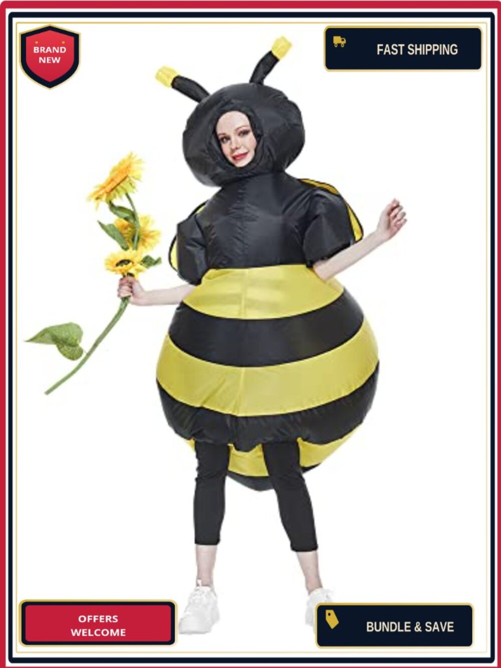 Inflatable Bumble Bee Costume Hooded Jumpsuit Attached Wings Adult Halloween